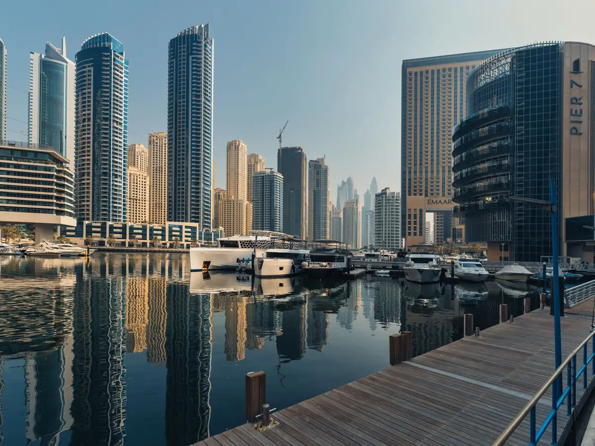 Dubai Marina towers at dusk
